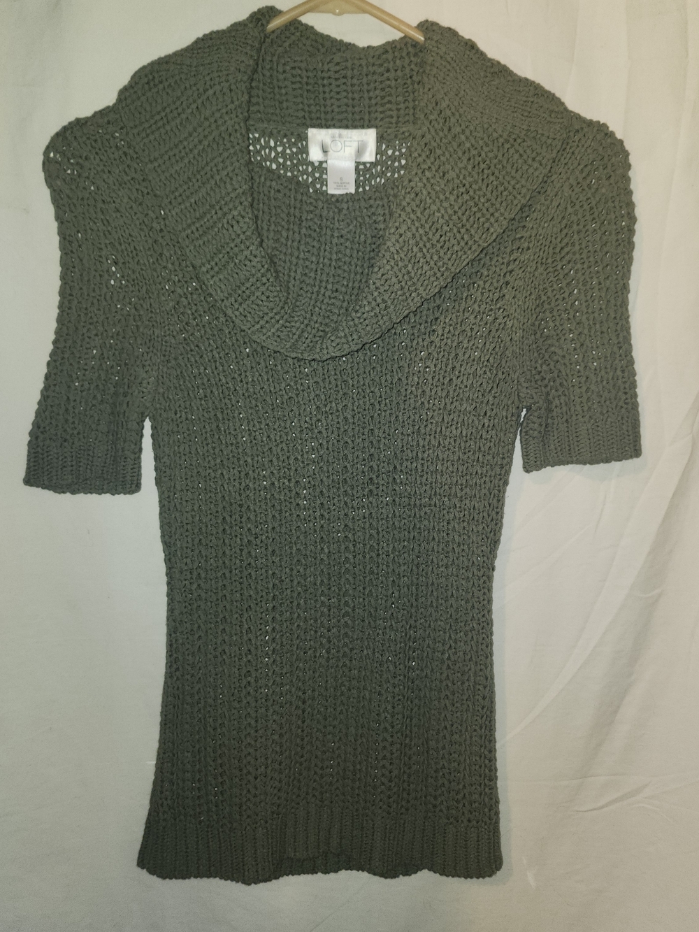 LOFT Olive Green Short Sleeve Cowl Neck Knit Sweater